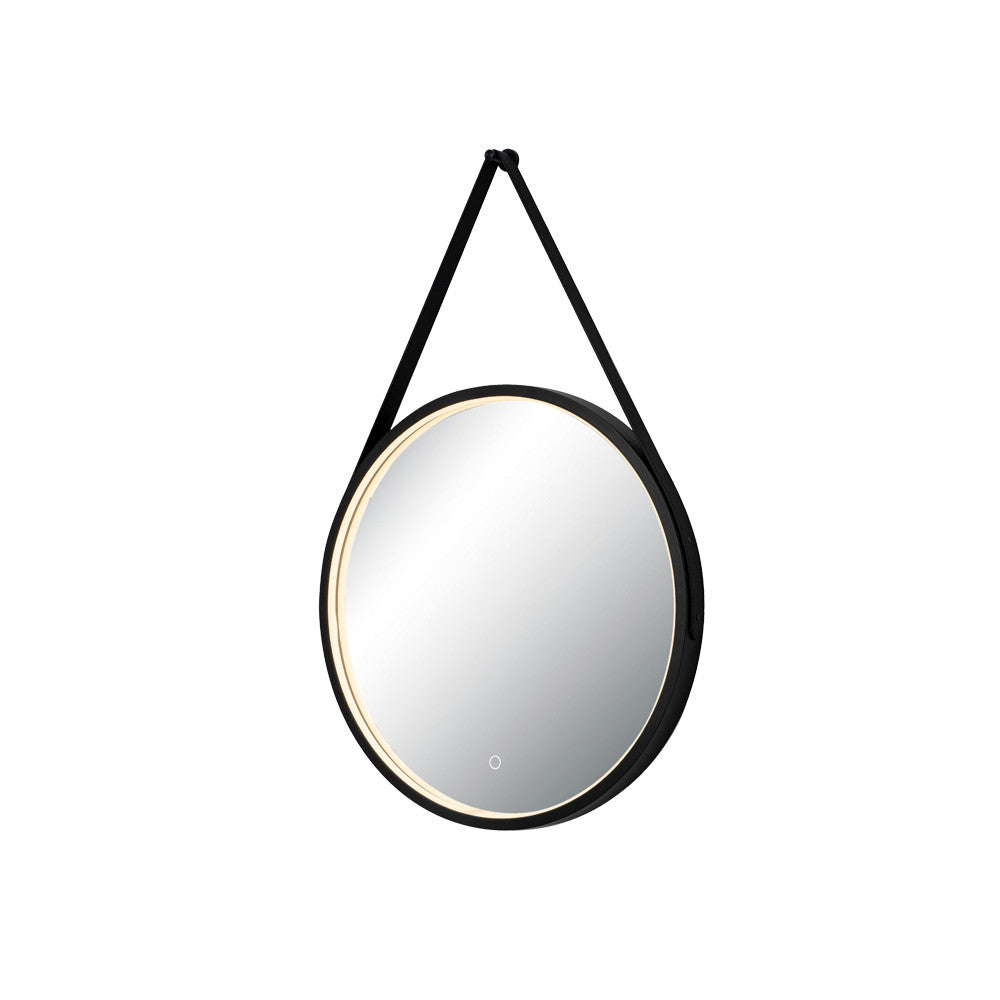 Miroir rond noir mat suspendu par une lanière, vue de face sur fond blanc