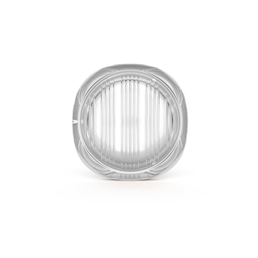 Vue de face de l'applique ronde avec lentille striée transparente sur fond blanc.
