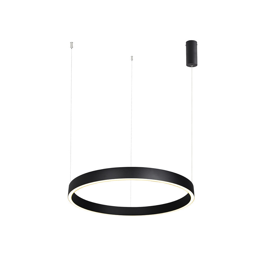 Vue de face du luminaire suspendu anneau noir avec câbles et pavillon.
