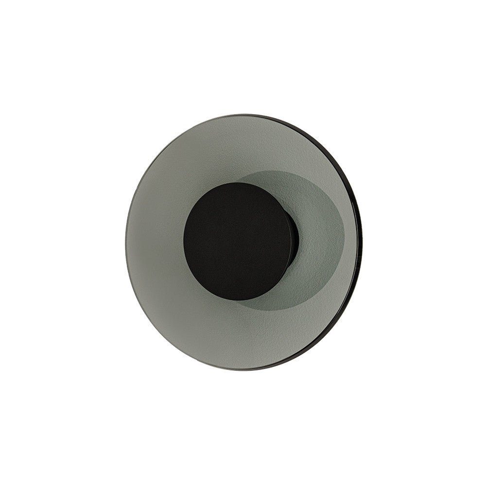 Vue de face de l'applique ronde en verre fumé au centre noir mat