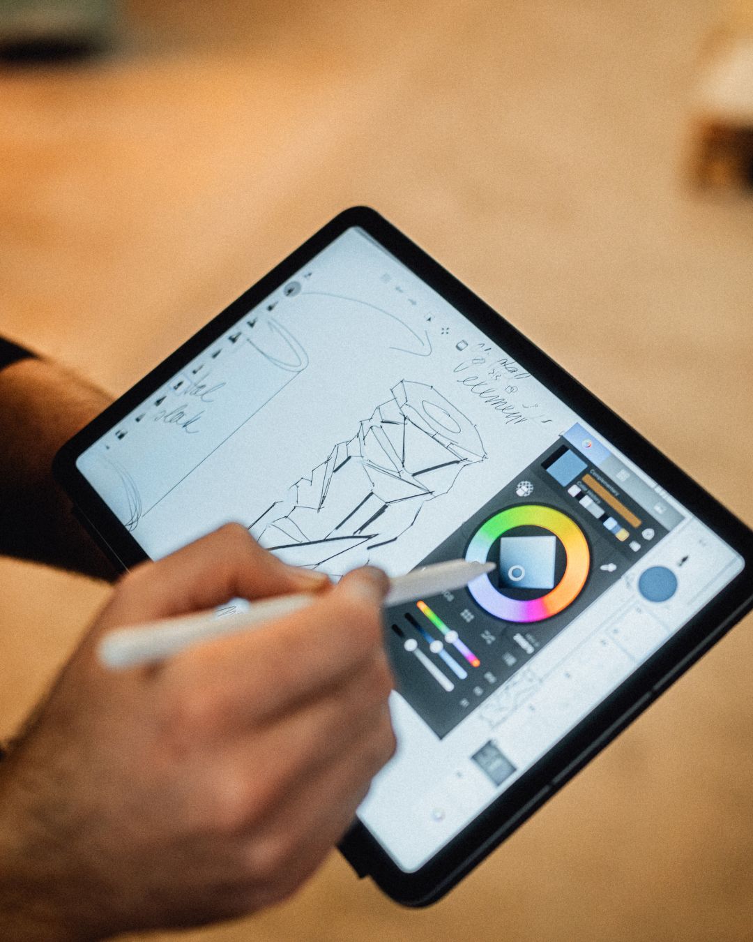 Dessin numérique sur tablette du cylindre facetté en cours de conception