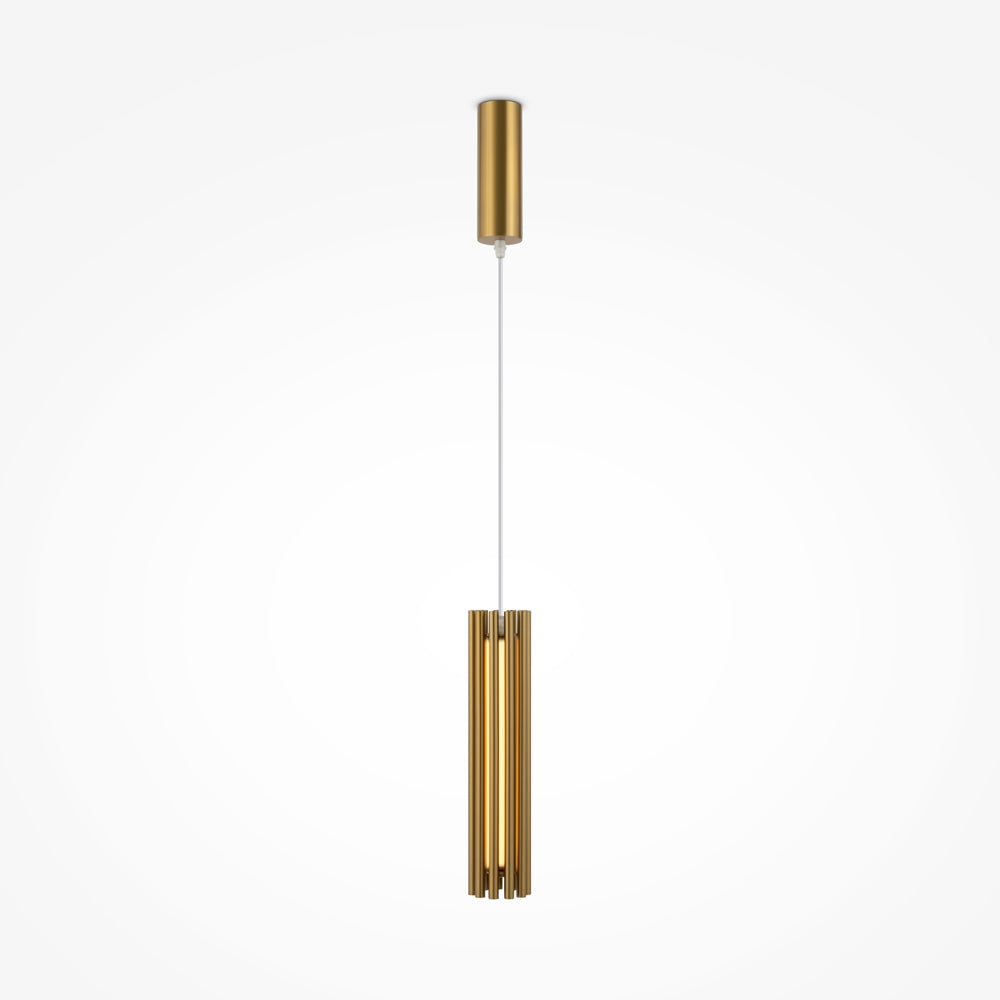 Luminaire suspendu doré entier sur fond blanc, vue de face avec câble.