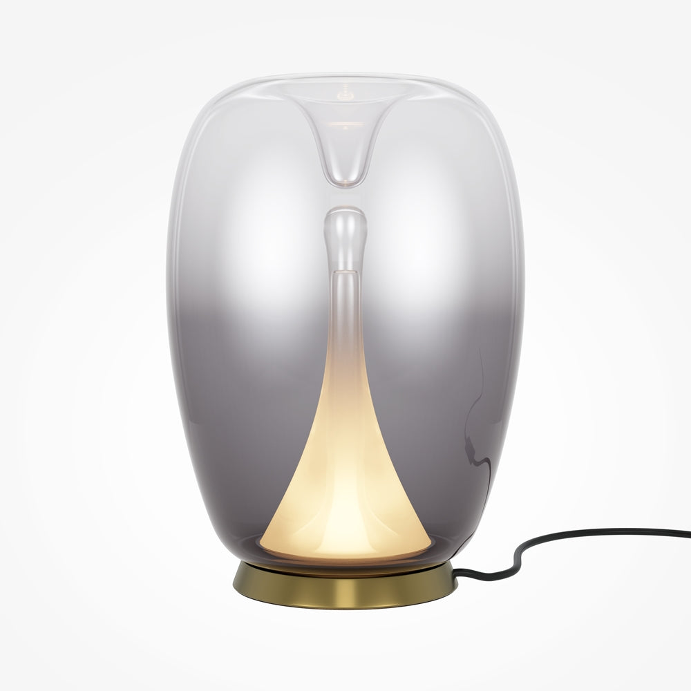 Lampe de chevet de face, verre fumé ovoïde, base dorée, cordon noir visible