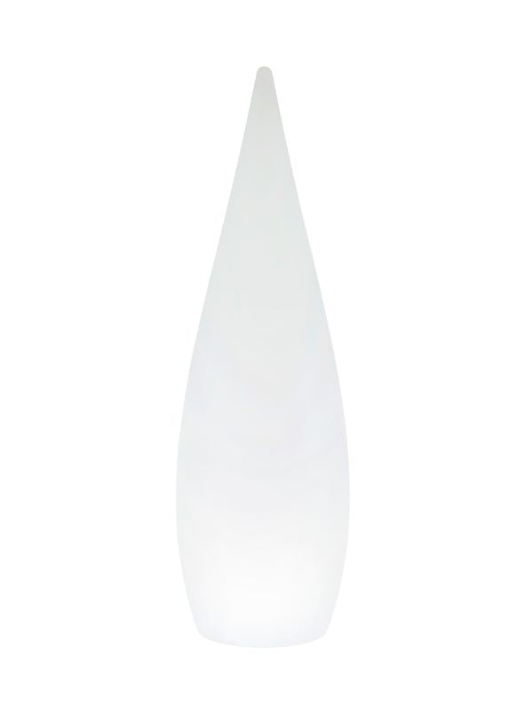 Même luminaire blanc de face, forme conique allongée de 120 cm de haut