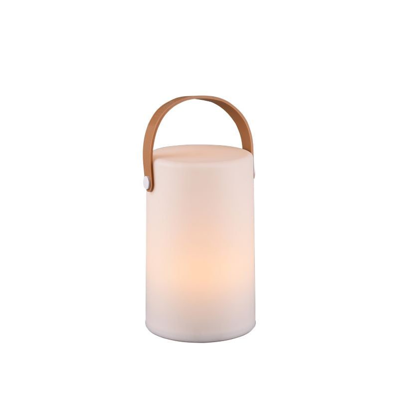 Lampe à poser blanche allumée, lumière chaude orangée diffusée par le corps cylindrique.