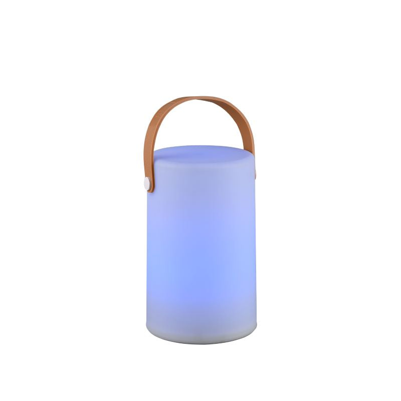 Lampe à poser blanche allumée en bleu, lumière froide sur le corps cylindrique.