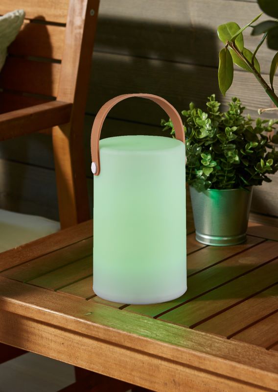 Mise en ambiance extérieure : lampe à poser verte allumée sur table en bois avec plante.