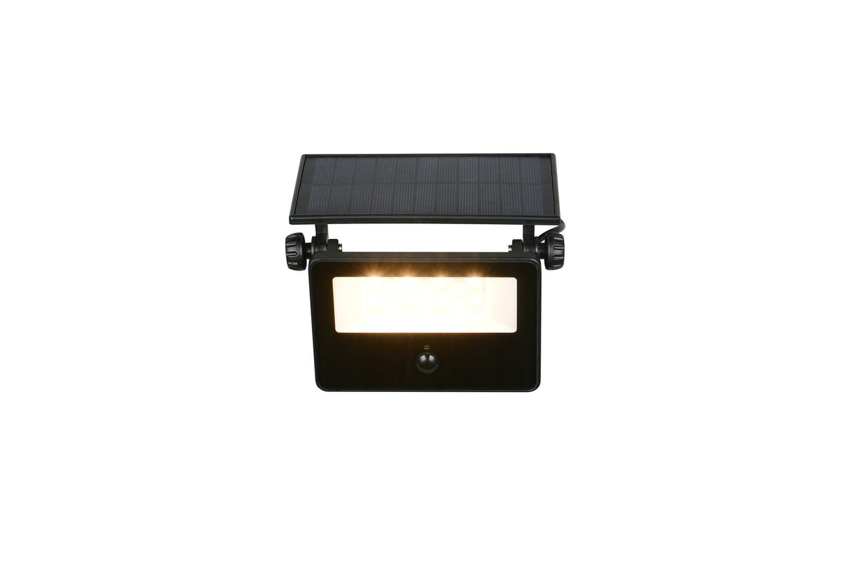 Vue de face du luminaire solaire, panneau au-dessus et détecteur de mouvement central.