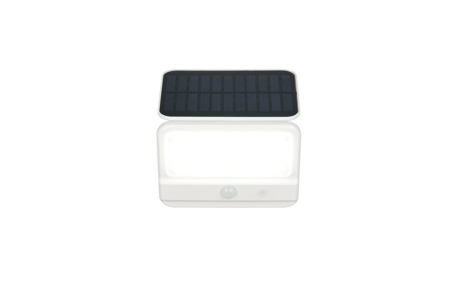 Vue frontale avec panneau solaire noir au-dessus de la face lumineuse blanche.