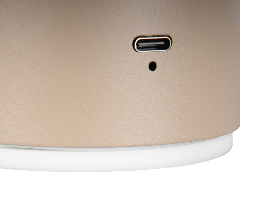 Détail du port USB-C et de la diode témoin sur la coque beige de l'applique.