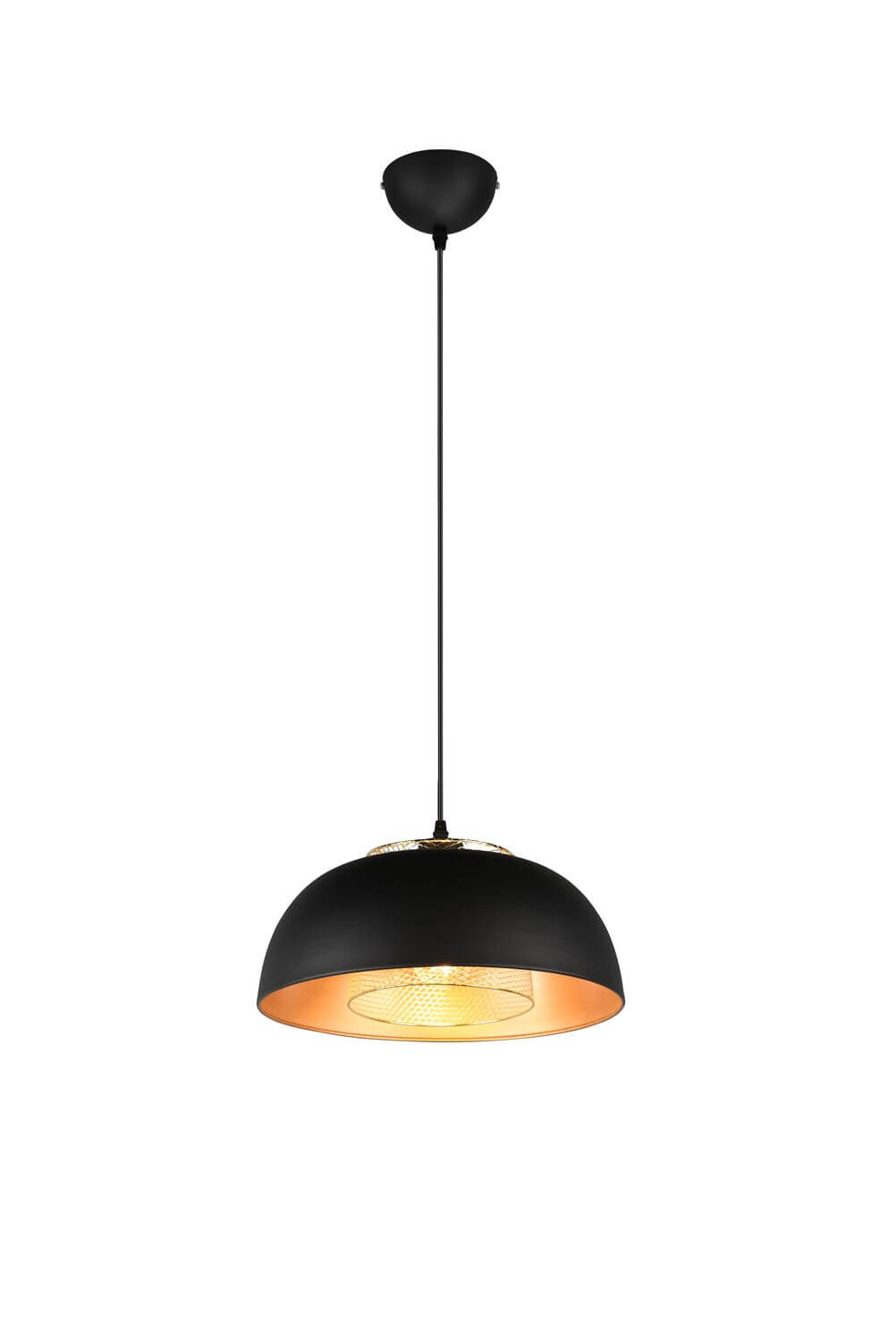 Vue de face du luminaire sur fond blanc avec câble et rosace noirs