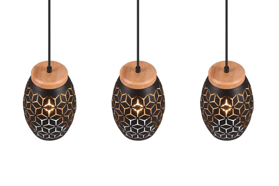Détail des trois abat-jours ovales, dessus en bois clair et motif géométrique doré
