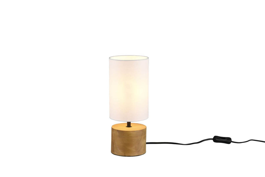 Vue de trois quarts du luminaire éteint, soulignant la texture du bois naturel