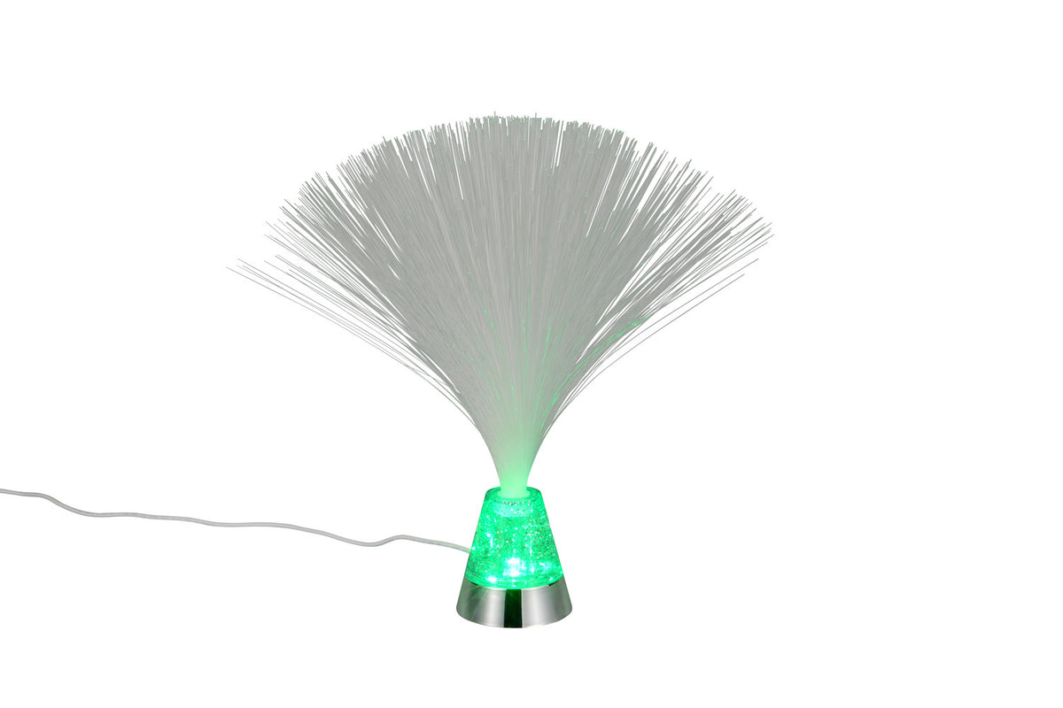 Éclairage vert : la lampe à fibres optiques illumine la pièce avec sa base chromée.