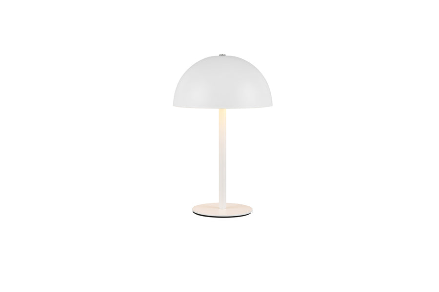 Luminaire blanc mat allumé, montrant une lumière chaude et une lueur sur le pied.