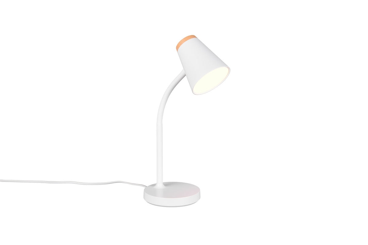 Vue de profil du luminaire blanc, tige courbée et socle rond posé