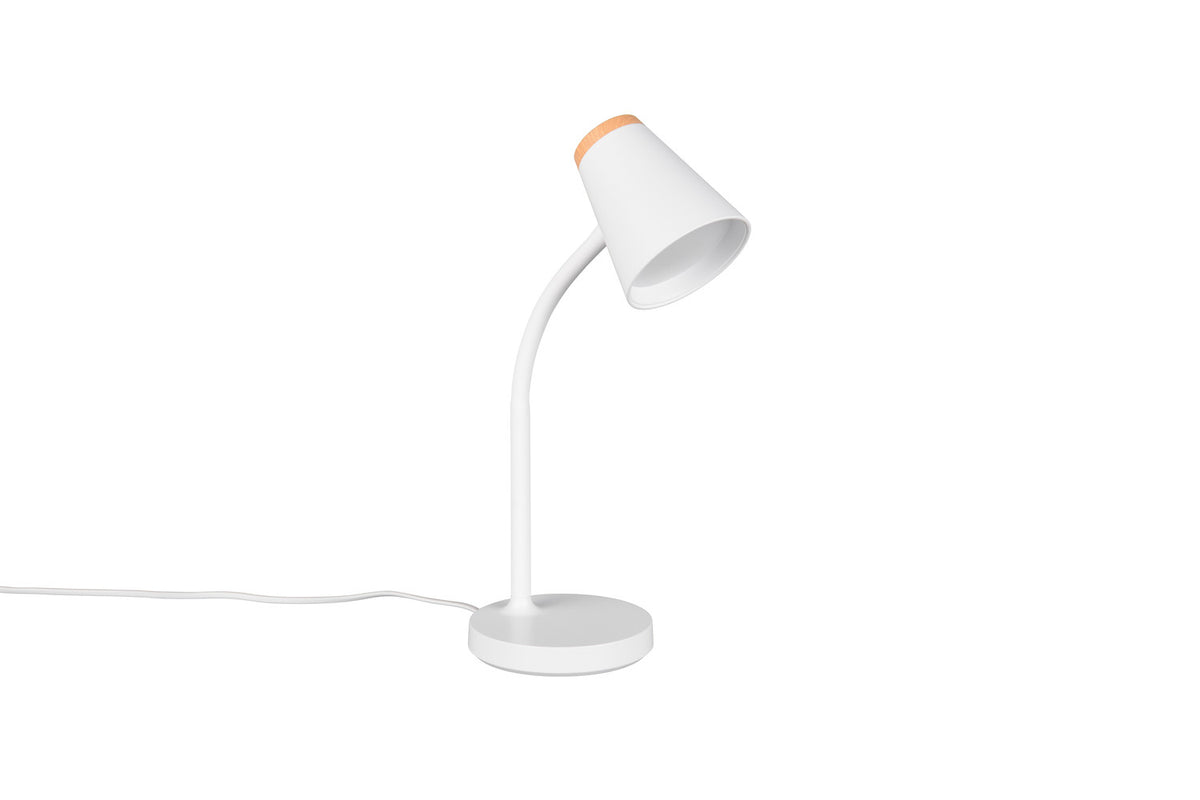 Vue en trois quarts de la lampe à poser, abat-jour orienté vers le bas