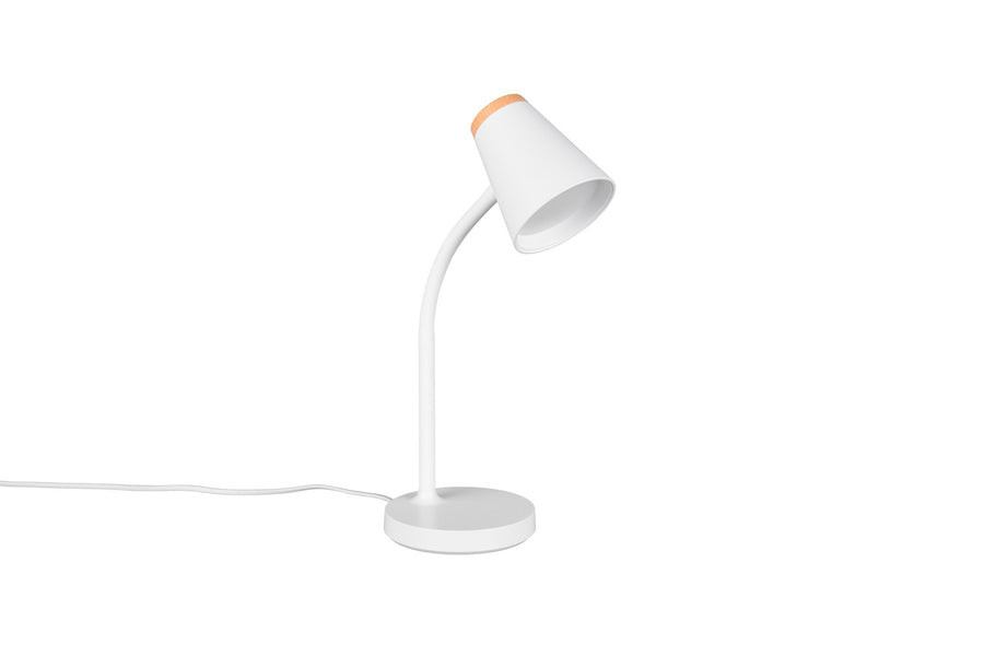 Vue en trois quarts de la lampe à poser, abat-jour orienté vers le bas