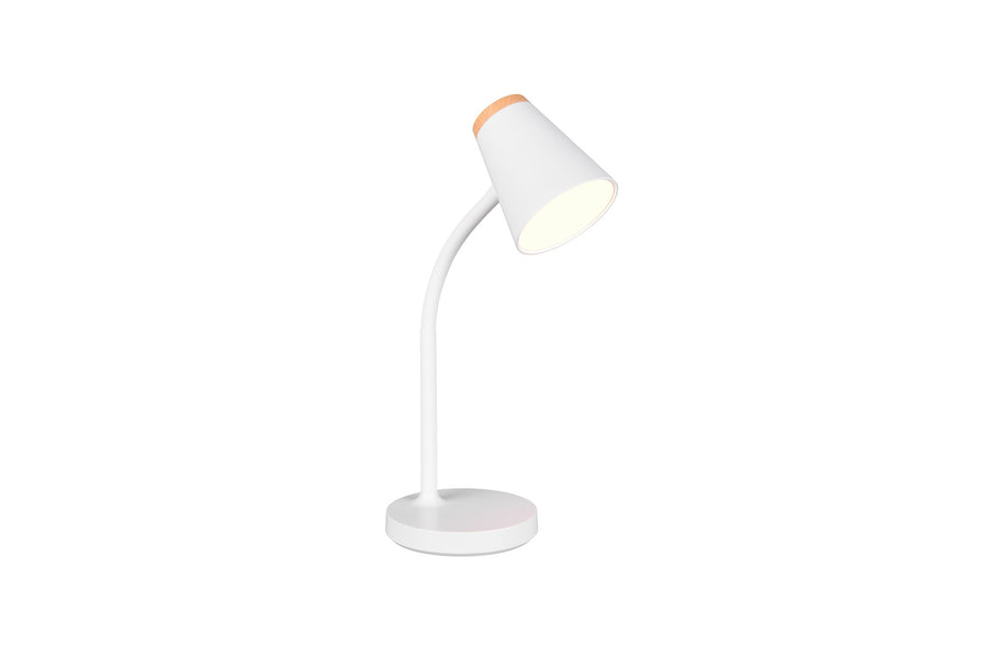 Autre angle du luminaire blanc montrant la tige fine et le câble latéral