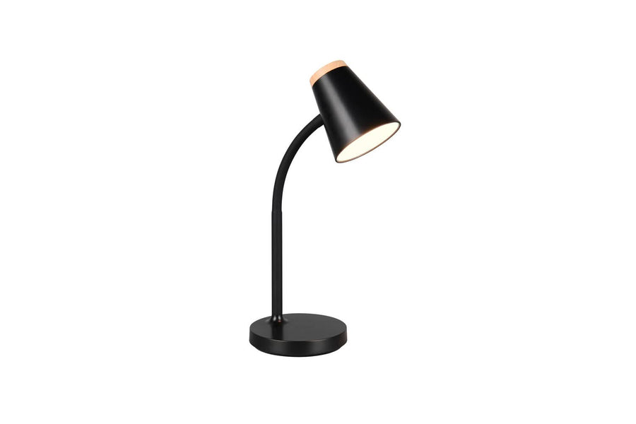 Présentation du luminaire sur fond blanc, tige incurvée et base circulaire