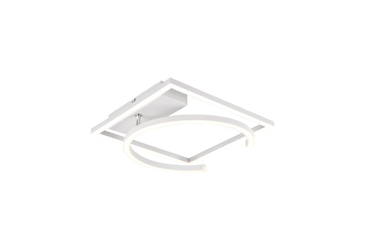 Vue de dessous du plafonnier carré blanc, arc lumineux traversant et boîtier central.