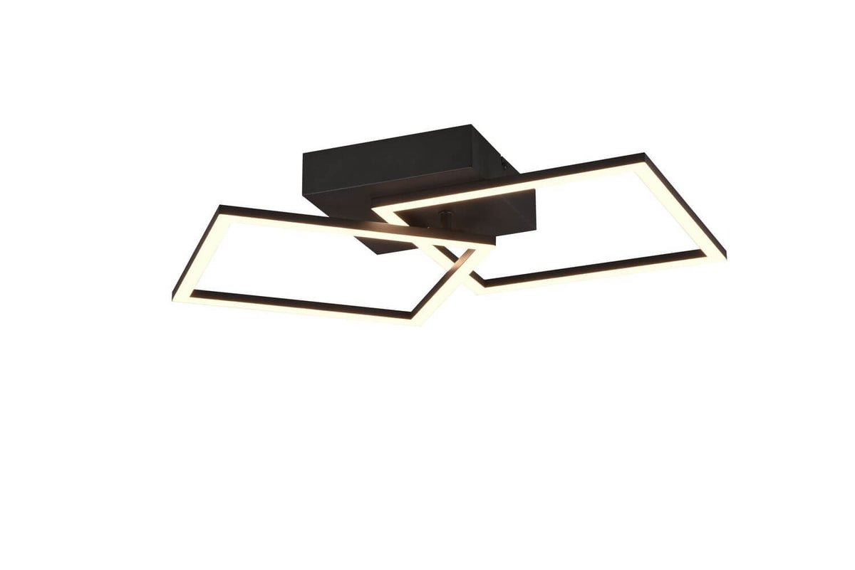 Produit présenté de biais, cadres rectangulaires inclinés et socle central noir mat
