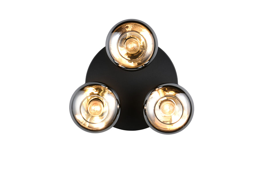 Vue de dessous montrant les trois diffuseurs circulaires en verre fumé et leur monture noire.