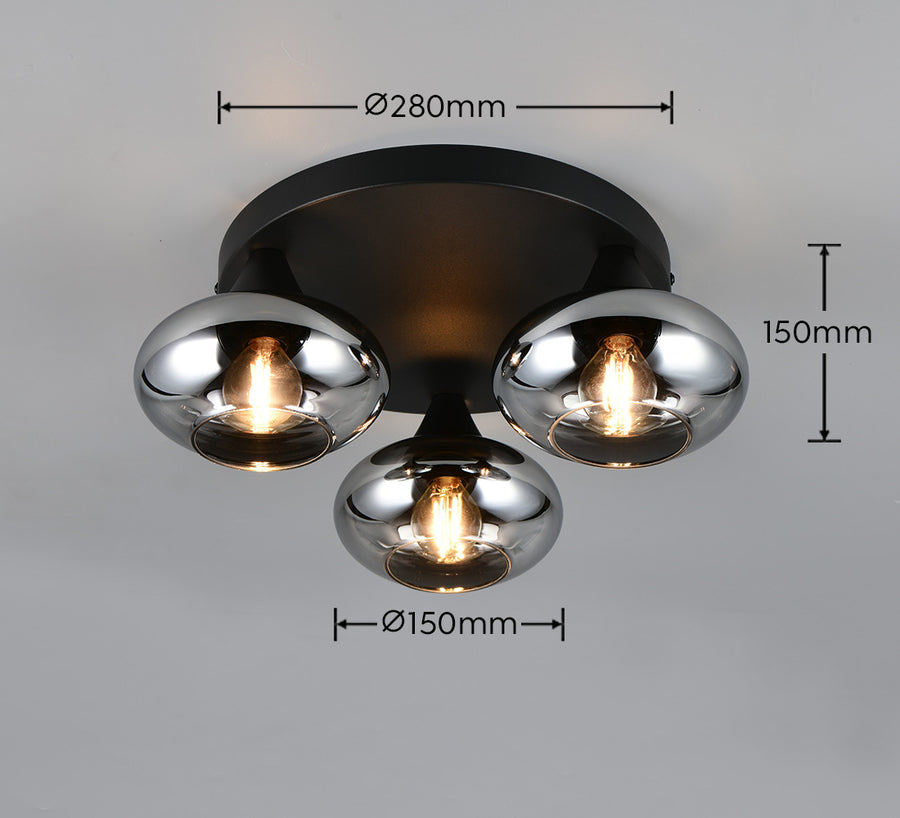 Schéma coté du plafonnier avec diamètre 280 mm, hauteur 150 mm, diffuseurs 150 mm.