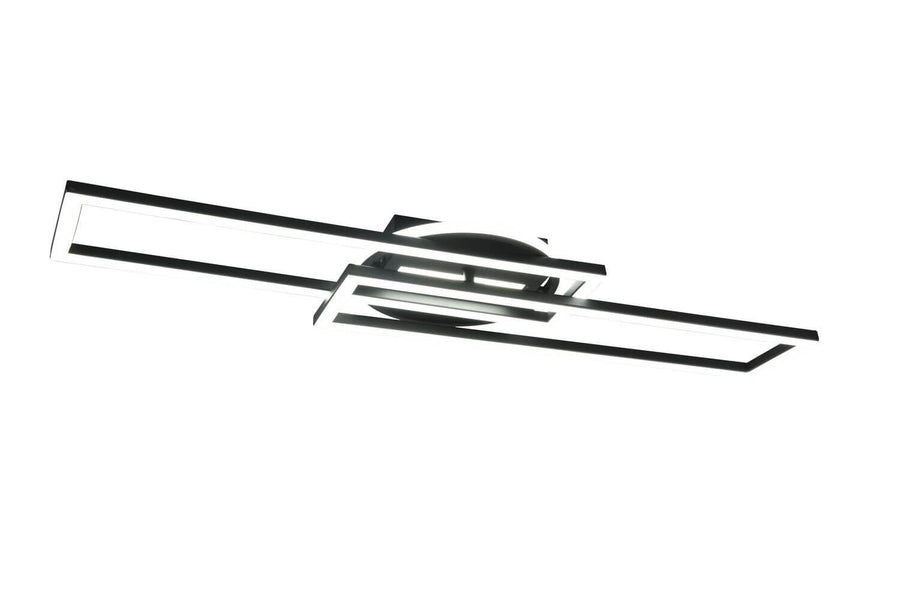 Dessous du luminaire montrant le socle rond et les rectangles croisés éteints