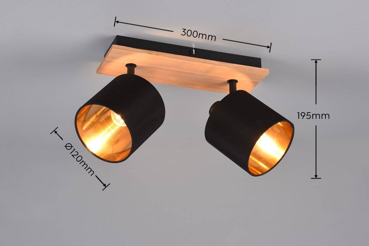 Schéma coté du spot double avec largeur 300 mm, hauteur 195 mm et diamètre 120 mm.