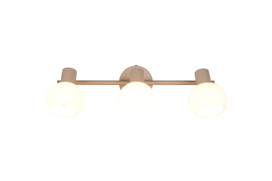 Vue de face du luminaire beige à trois globes en verre dépoli