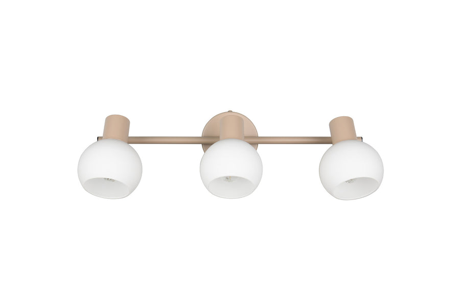 Vue frontale du plafonnier beige avec trois globes sphériques blancs