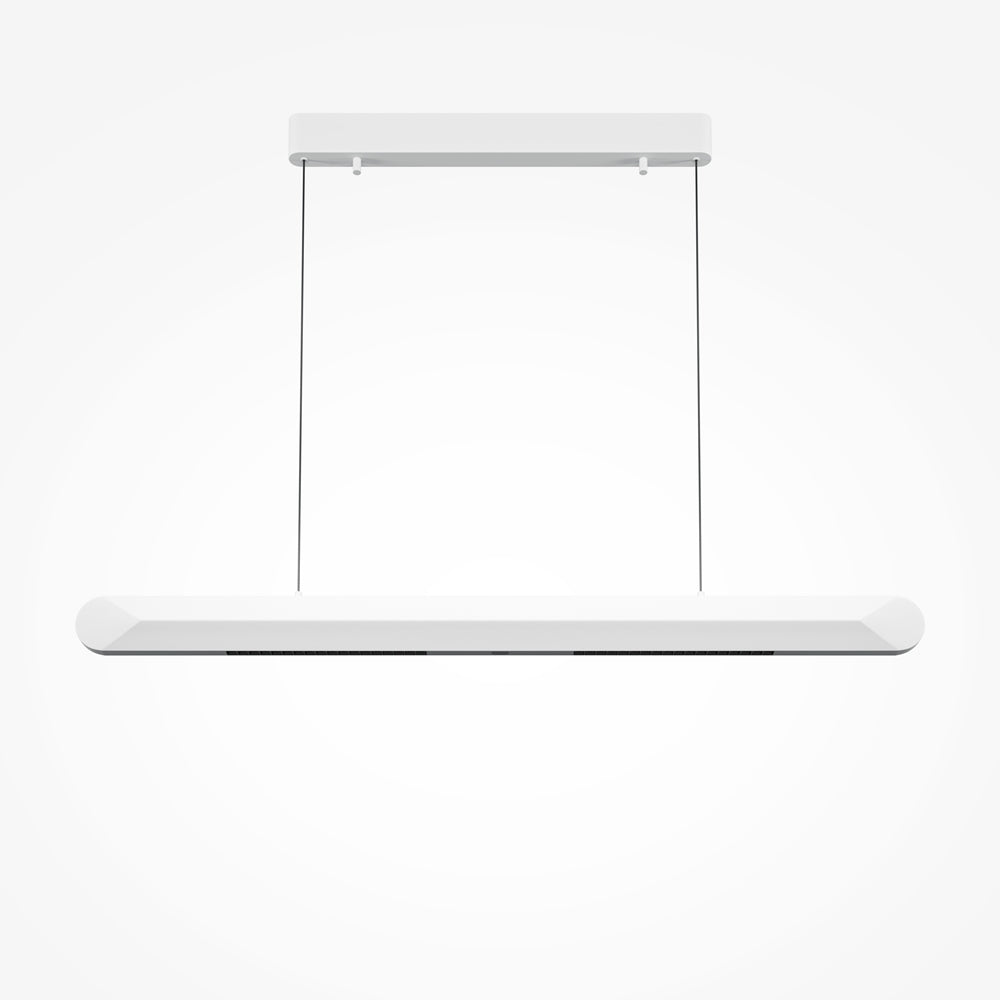 Suspension linéaire blanche vue de face avec câbles fins et embase plafond