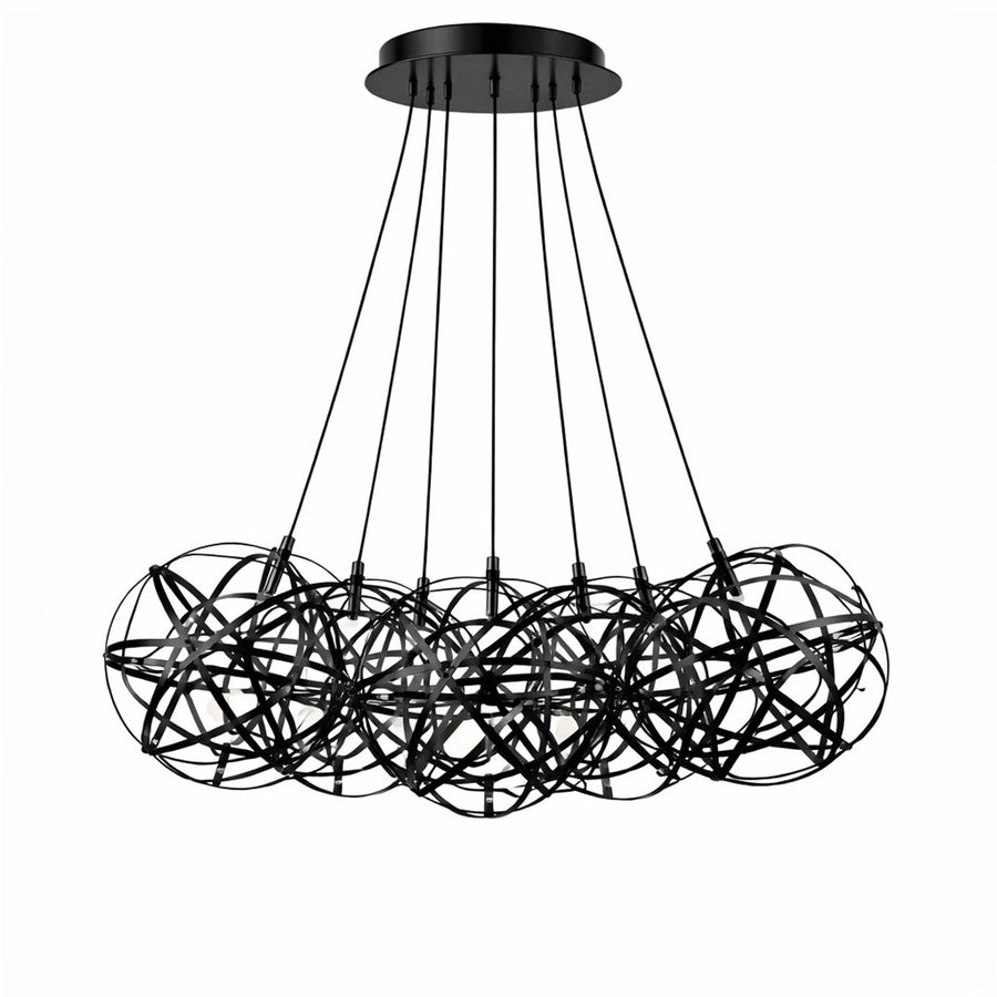 Suspension finition noire mate avec sept globes cages suspendus par câbles.
