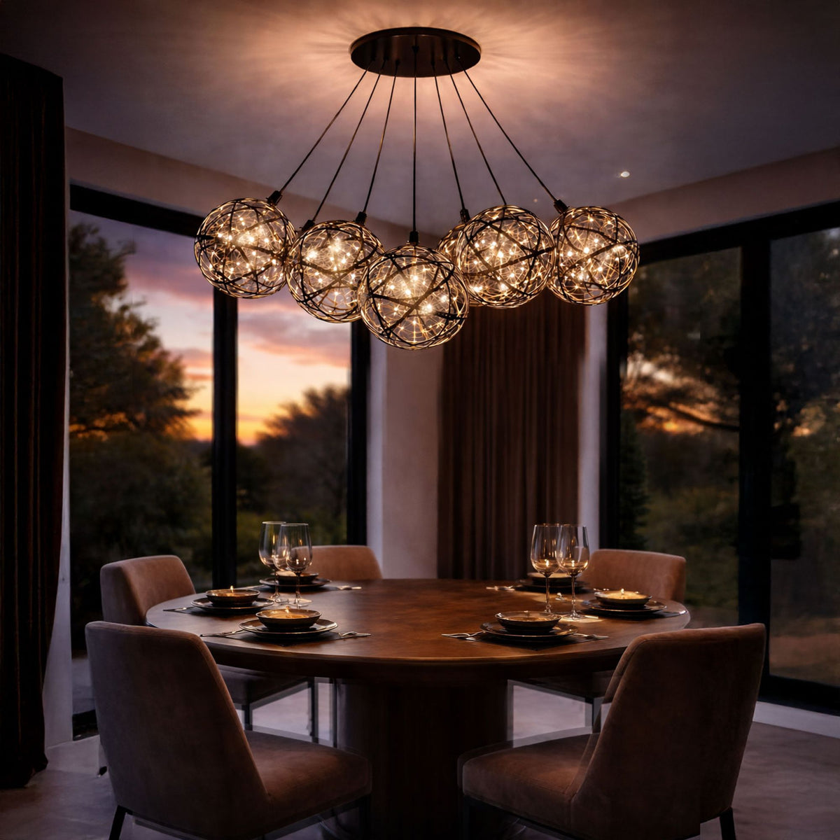 Suspension grappe de sept globes cages LED allumés au-dessus d'une table ronde.