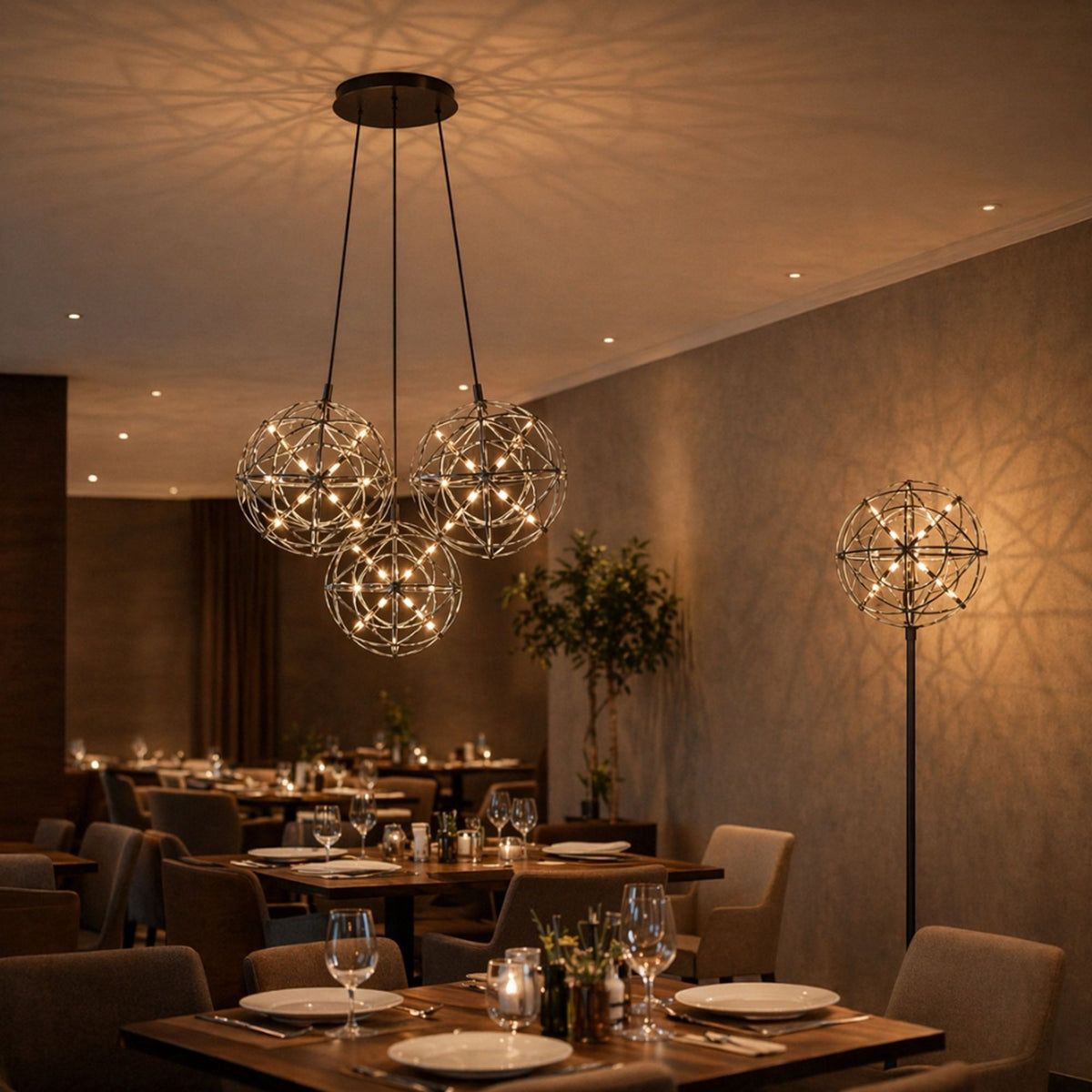 Suspension trois globes ajourés éclairés au-dessus d'une table de restaurant