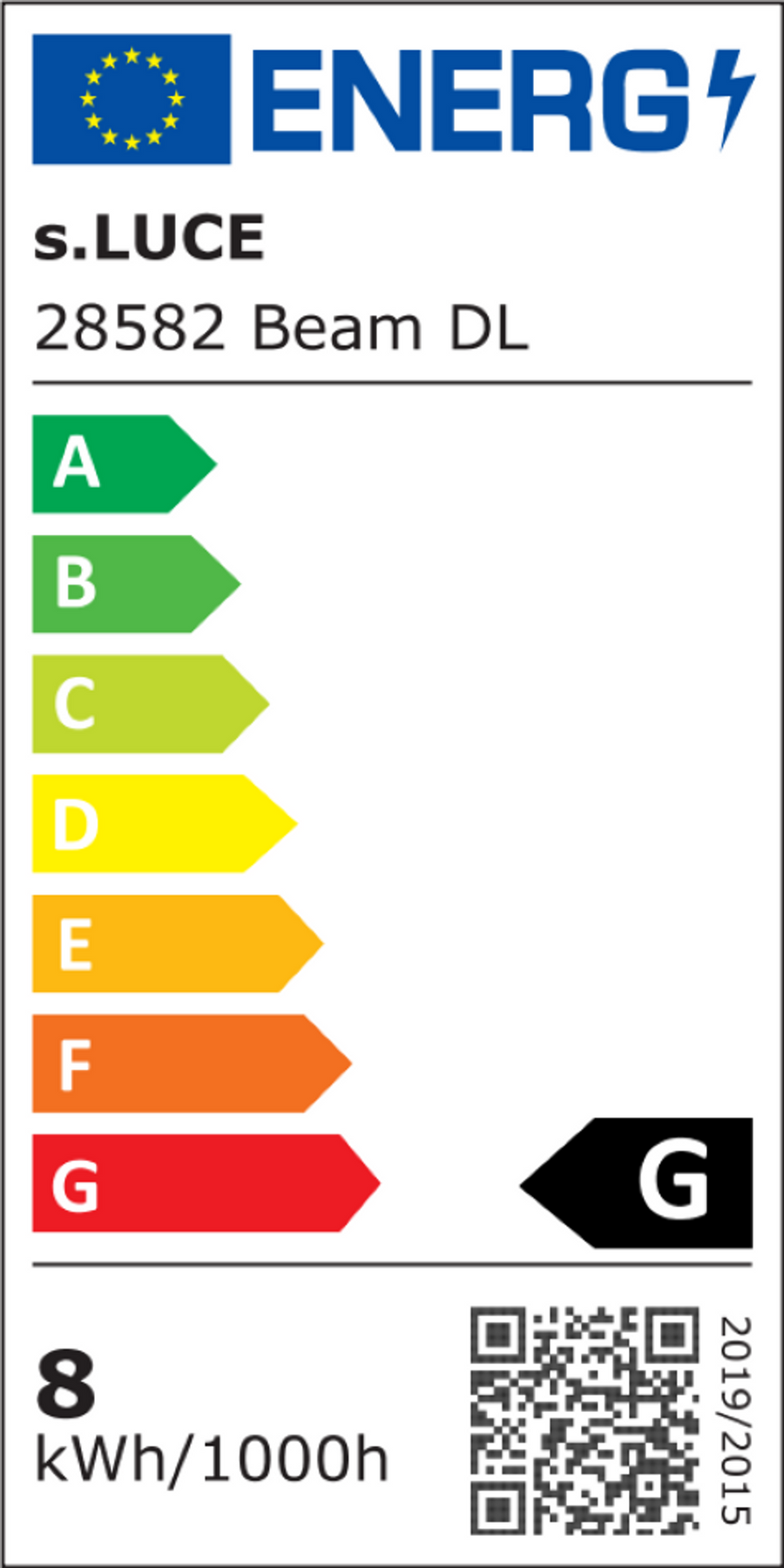 Étiquette énergie européenne classe G, consommation huit kilowattheures pour mille heures