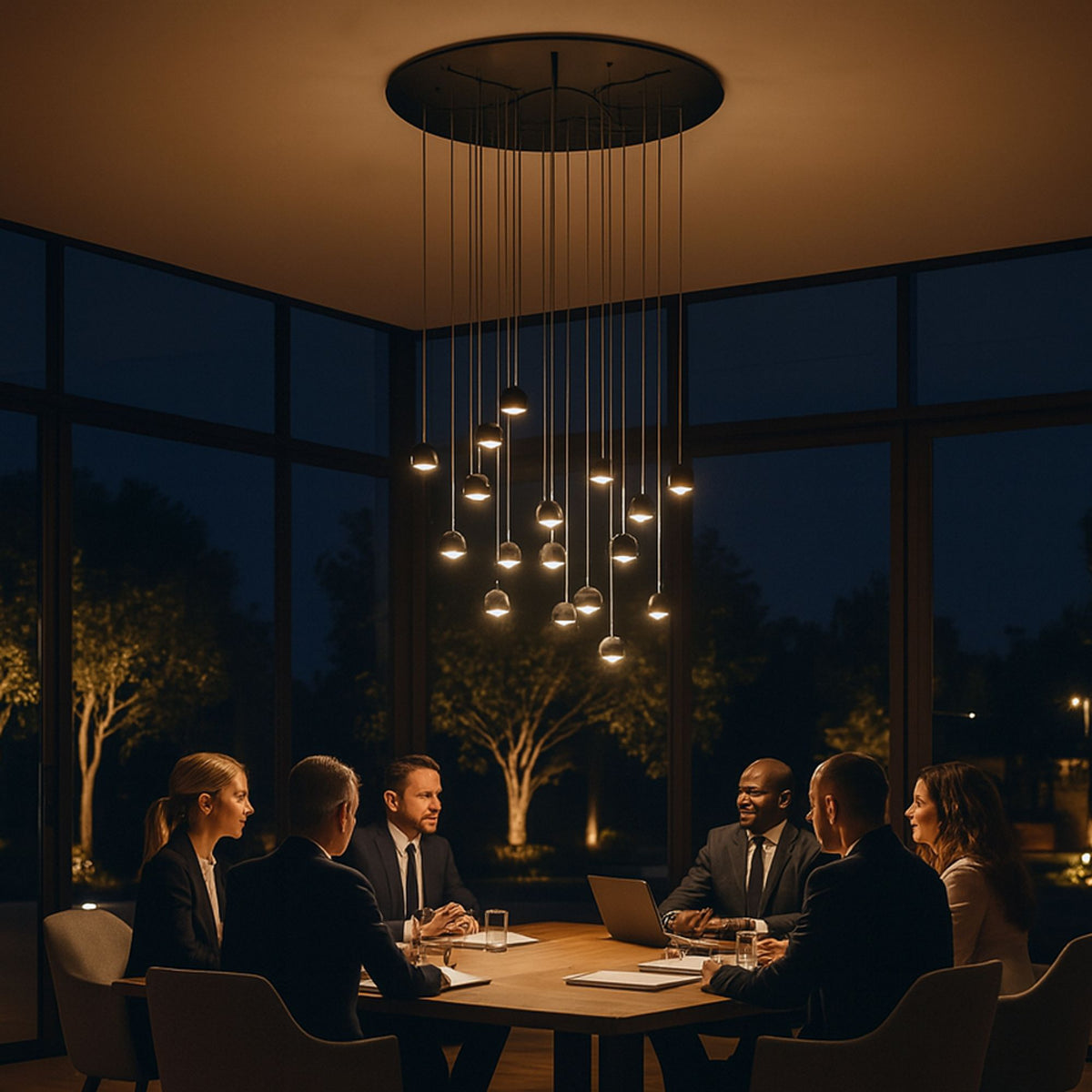 Luminaire suspendu au-dessus d'une table de réunion, éclairant une salle vitrée la nuit.