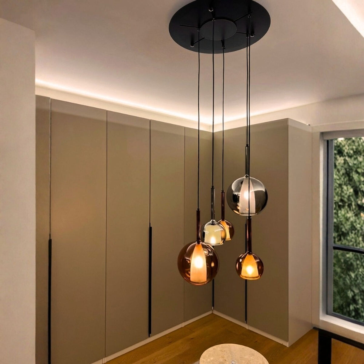 Suspension grande hauteur Belluna 5 lumières, rosace Ø 60 cm