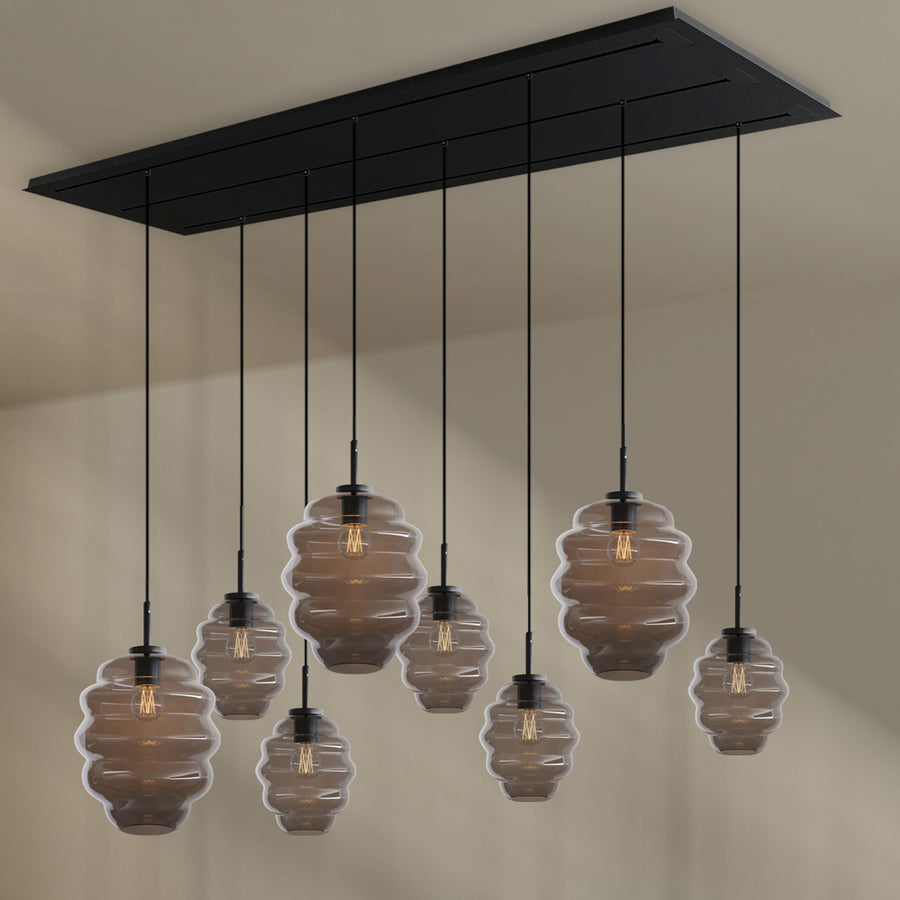 Suspension de table Echos 8 lumières sur 3 rangées, longueur 200 cm, verres Ø 18 et 25 cm