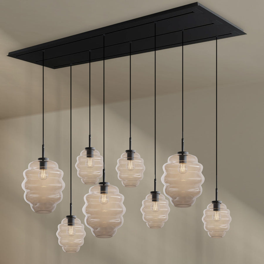 Suspension de table Echos 8 lumières sur 3 rangées, longueur 200 cm, verres Ø 18 et 25 cm