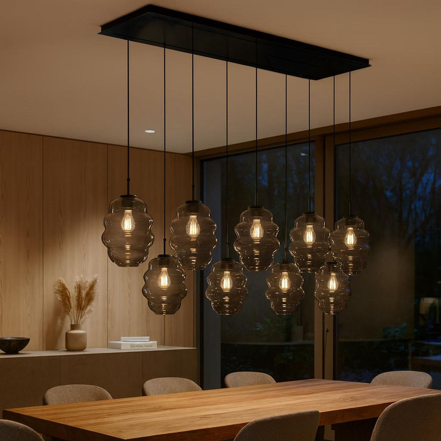 Suspension de table Echos 8 lumières sur 3 rangées, longueur 200 cm, verres Ø 25 cm