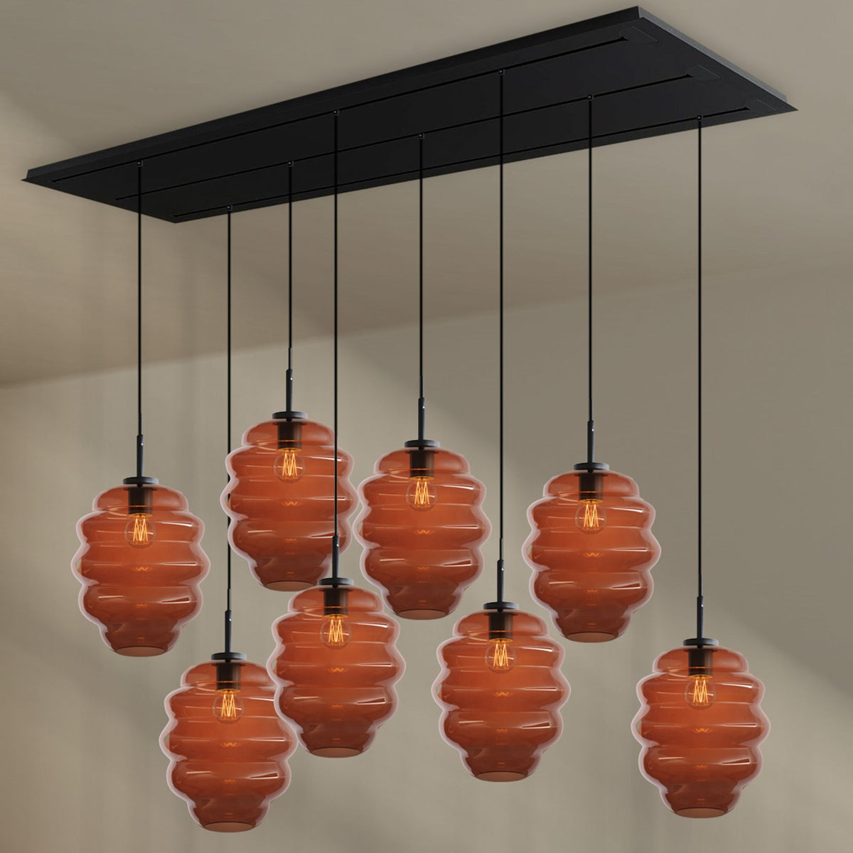 Suspension de table Echos 8 lumières sur 3 rangées, longueur 200 cm, verres Ø 25 cm