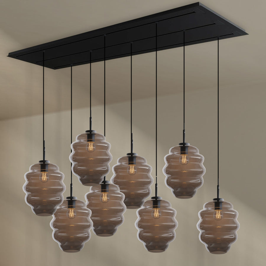 Suspension de table Echos 8 lumières sur 3 rangées, longueur 200 cm, verres Ø 25 cm