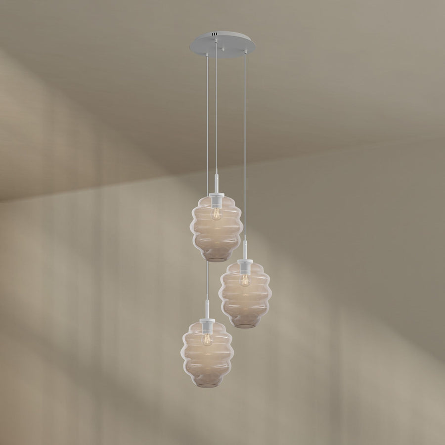Suspension grande hauteur Echos 3 lumières, rosace Ø 40 cm, verres Ø 25 cm
