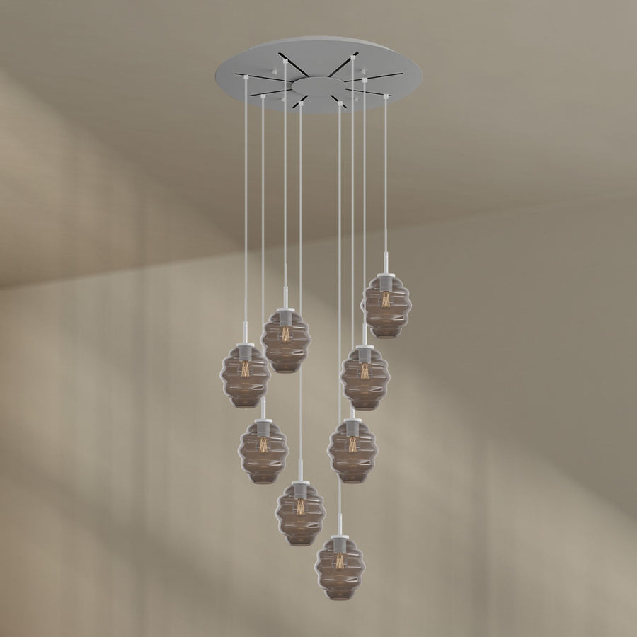 Suspension grande hauteur Echos 8 lumières, rosace Ø 80 cm, verres Ø 18 cm