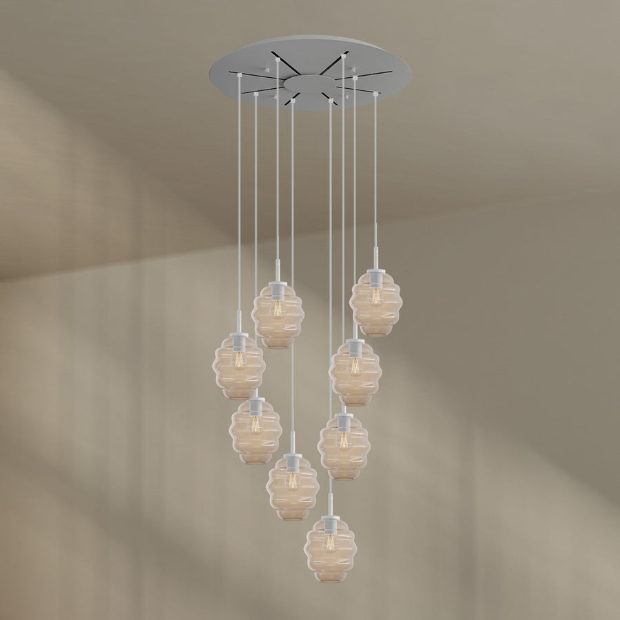 Suspension grande hauteur Echos 8 lumières, rosace Ø 80 cm, verres Ø 18 cm