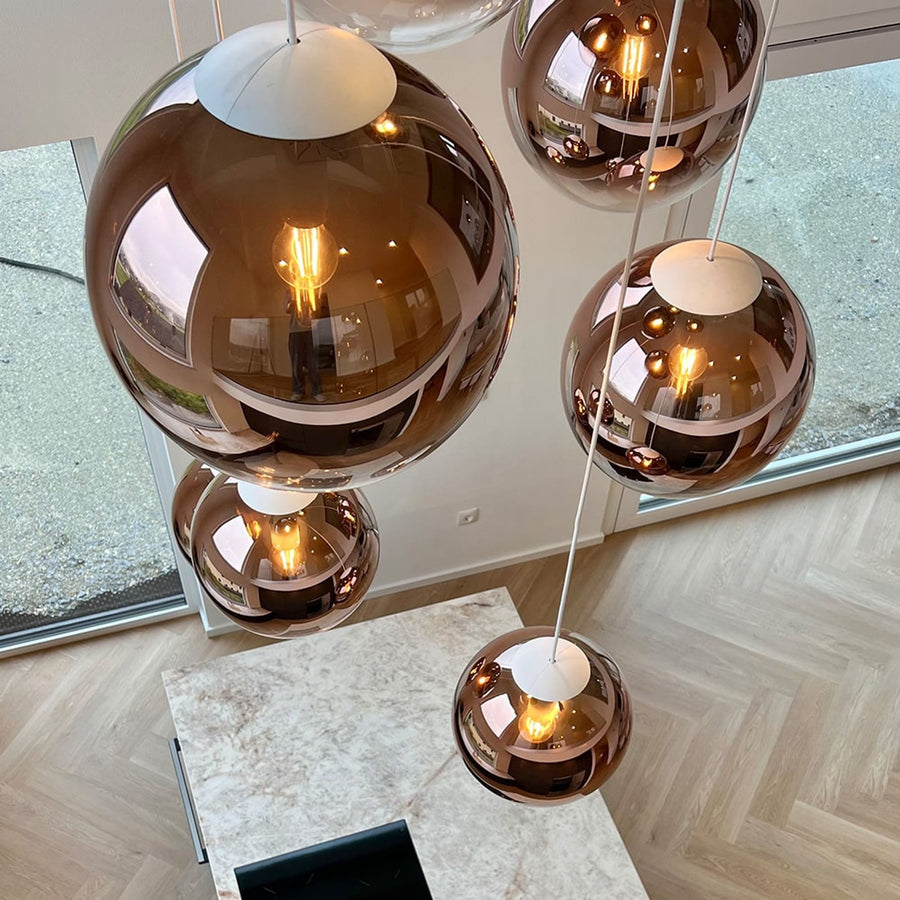 Suspension grande hauteur Orb globe en verre, câble 5 m, monture blanche