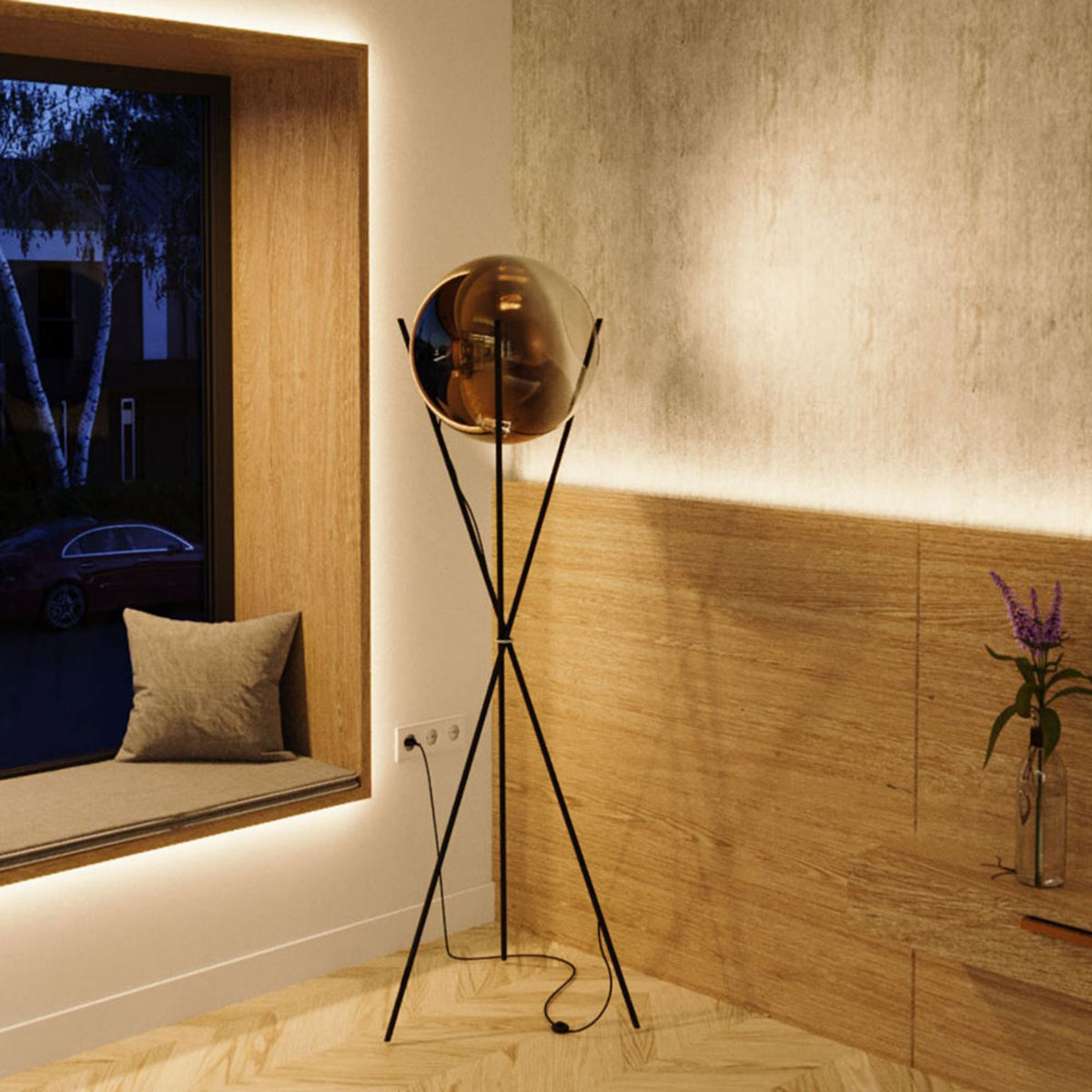 Lampadaire trépied Orb Axis globe en verre, H 160 cm