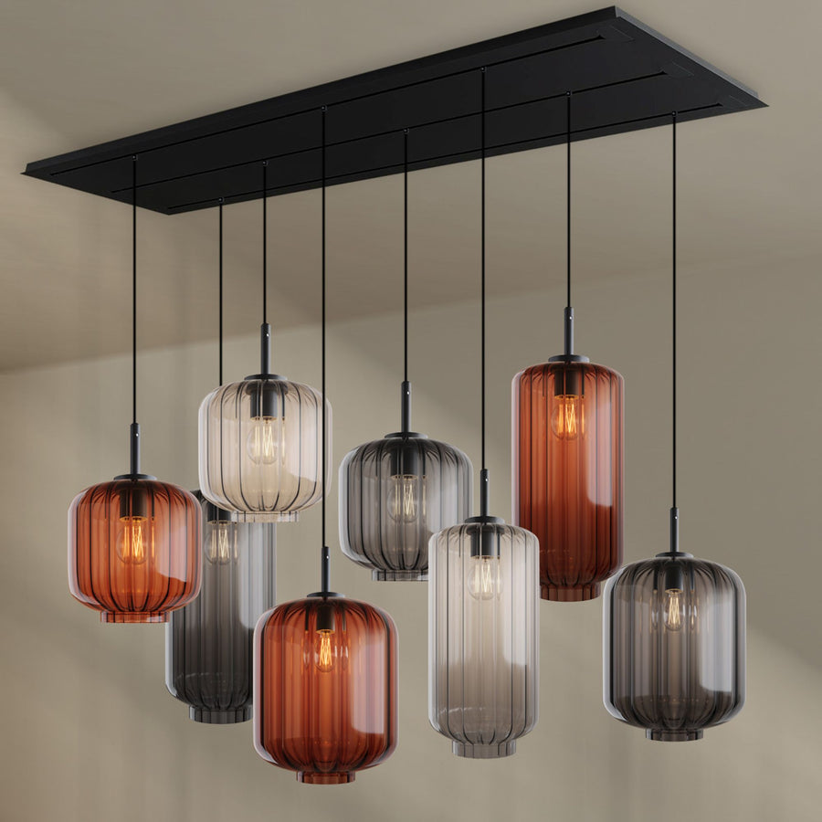 Suspension de table Velo 8 lumières sur 3 rangées, longueur 200 cm, verres Ø 18, 20 et 25 cm